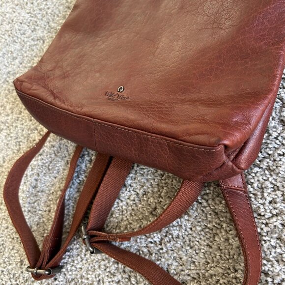 Wild West Los Angeles Leather Backpack Adjustable Straps & Plaid Interior Brown - Picture 12 of 13